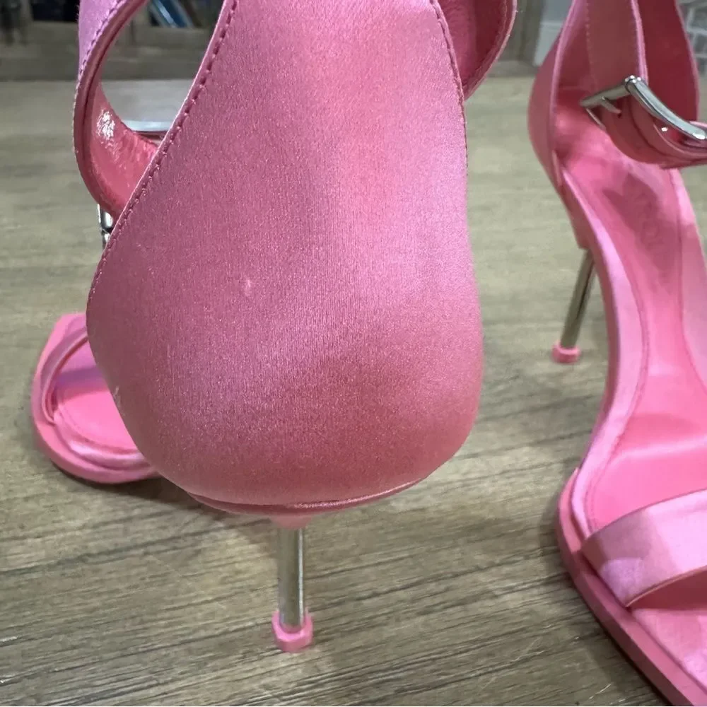 Alexander McQueen Stiletto Sandal Heels Pink Calf Leather Satin US 6.5‎ / 36.5